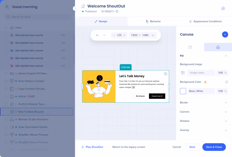 Editor de WalkMe ShoutOut y un ejemplo de diseño de ShoutOut