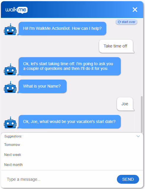 Un ejemplo de interacción con WalkMe ActionBot