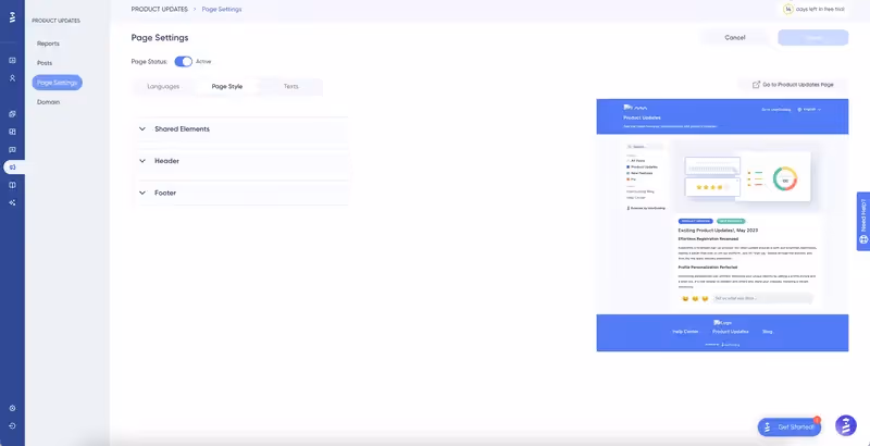 Editor de actualizaciones del producto de UserGuiding