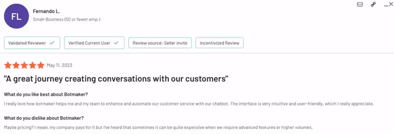 Botmaker's G2 review