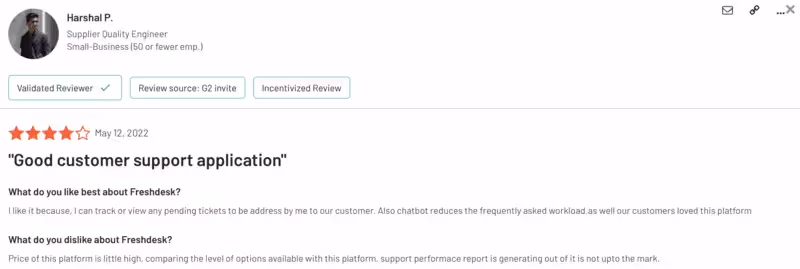 Freshworks' G2 review