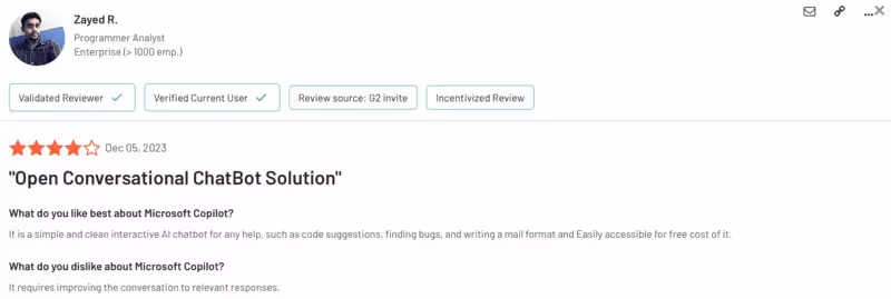 Copilot's G2 review
