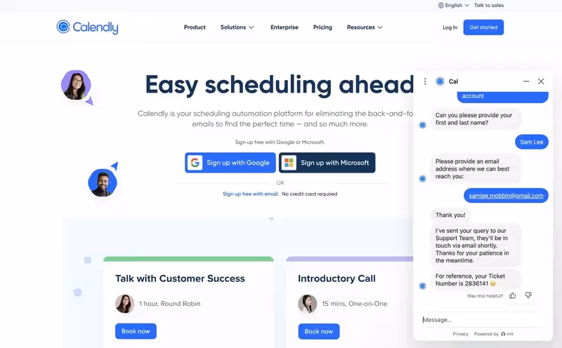 Calendly's chatbot example.