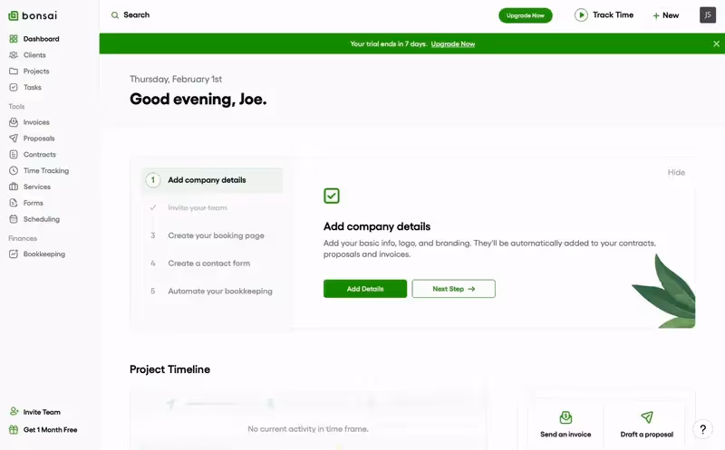 Bonsai's welcome screen