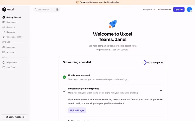 Uxcel's welcome screen