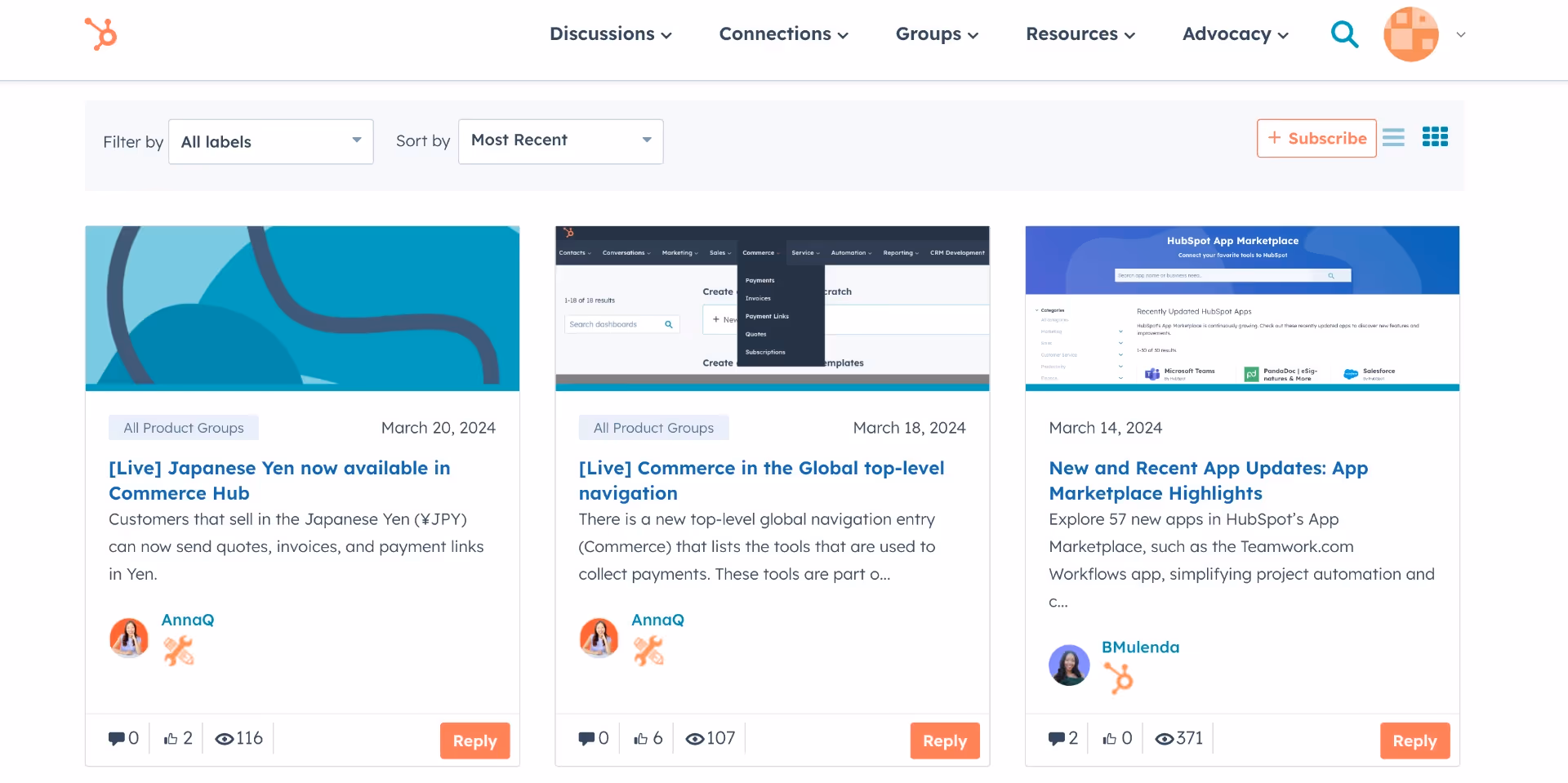 Hubspot organizes its product release notes from users' perspective
