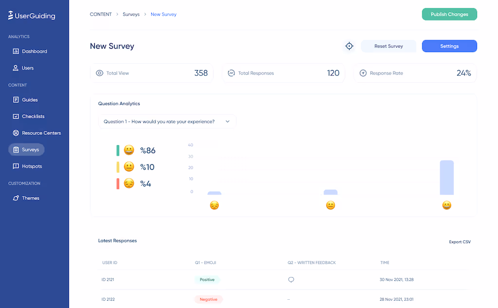 UserGuiding's survey feature - emoji rating scale