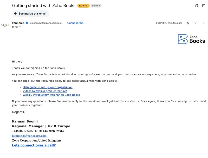 fintech onboarding zoho books email