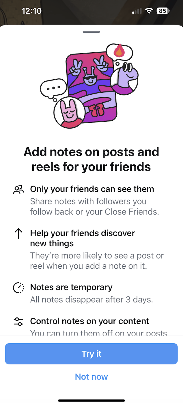 Instagram's in-app announcement