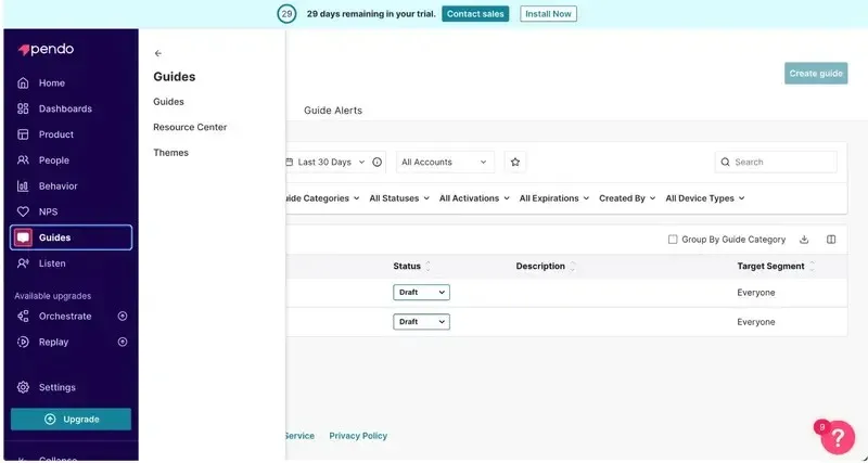 Pendo user interface and guides page.