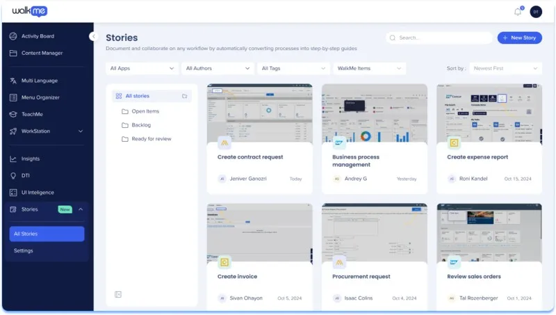WalkMe product interface and stories page.