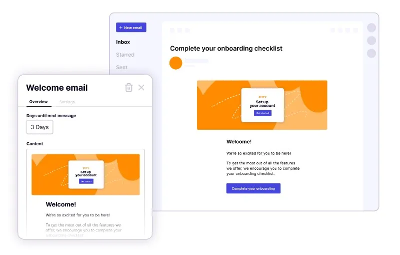 Pendo orchestrate email scheduling and an example welcome email.