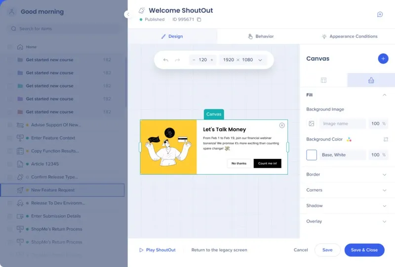 WalkMe ShoutOut feature builder.