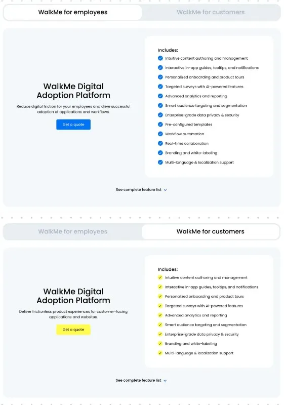 WalkMe pricing plans and included features.