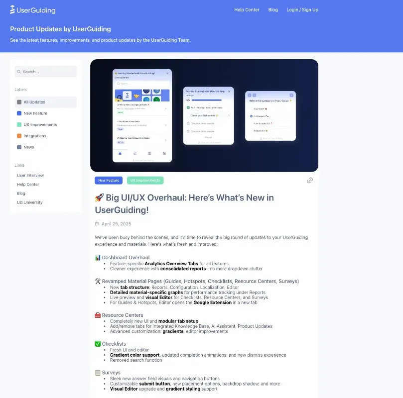 UserGuiding product updates page and an example release note about the latest UX/UI improvements and updates.