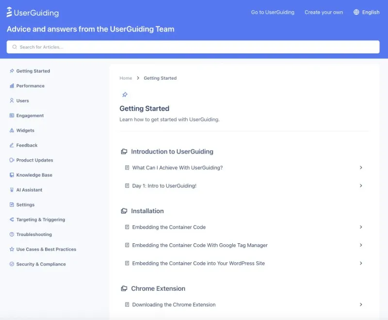 UserGuiding knowledge base subcategories of getting started category.