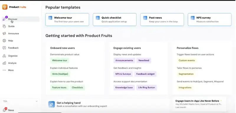 Interface e página inicial do Product Fruits