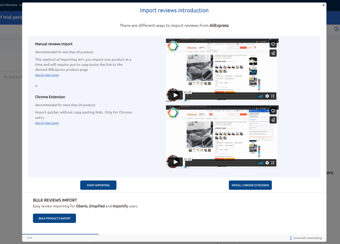 Opinew's support videos via UserGuiding