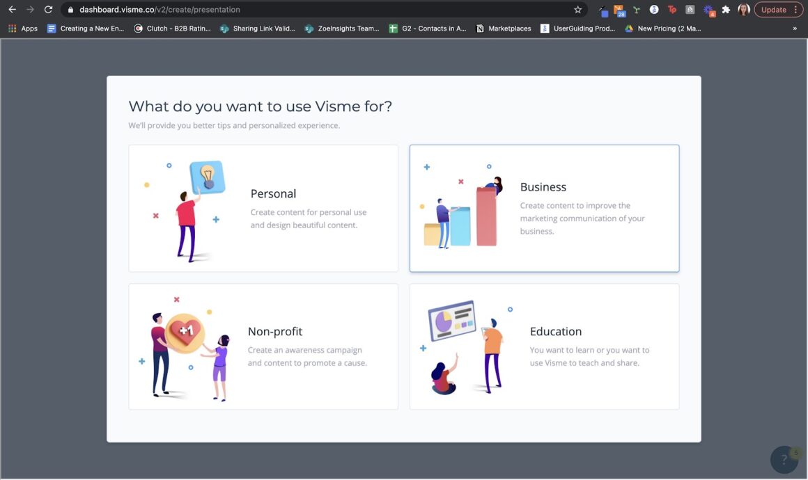 Visme's personalized screen