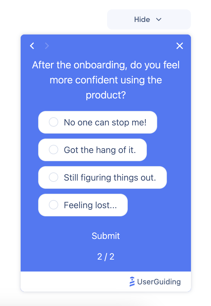 UserGuiding' in-app post-onboarding survey