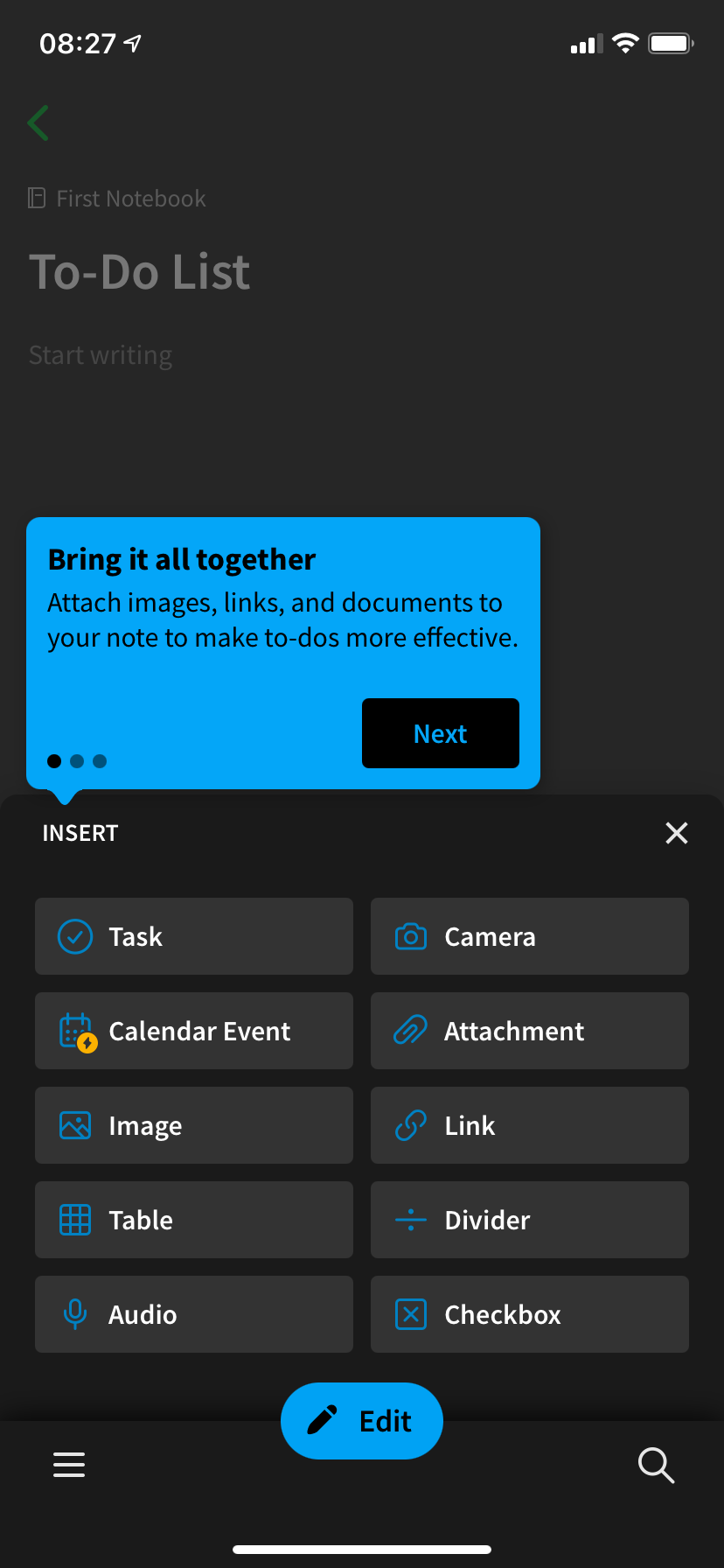 evernote app walkthrough toltip