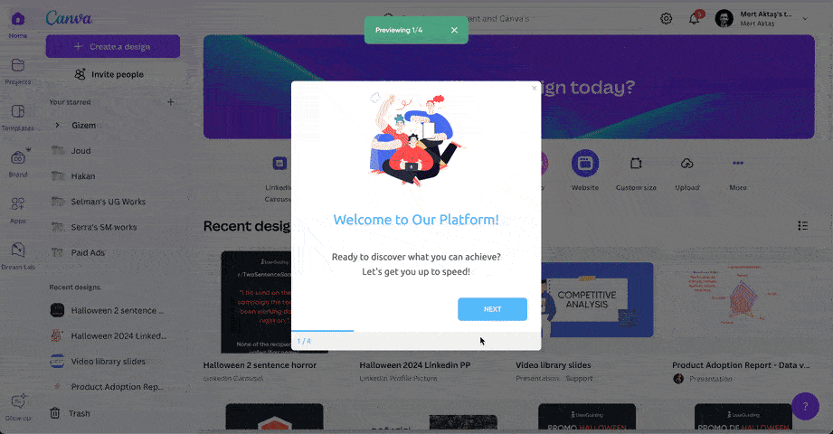 Canva onboarding made with UserGuiding