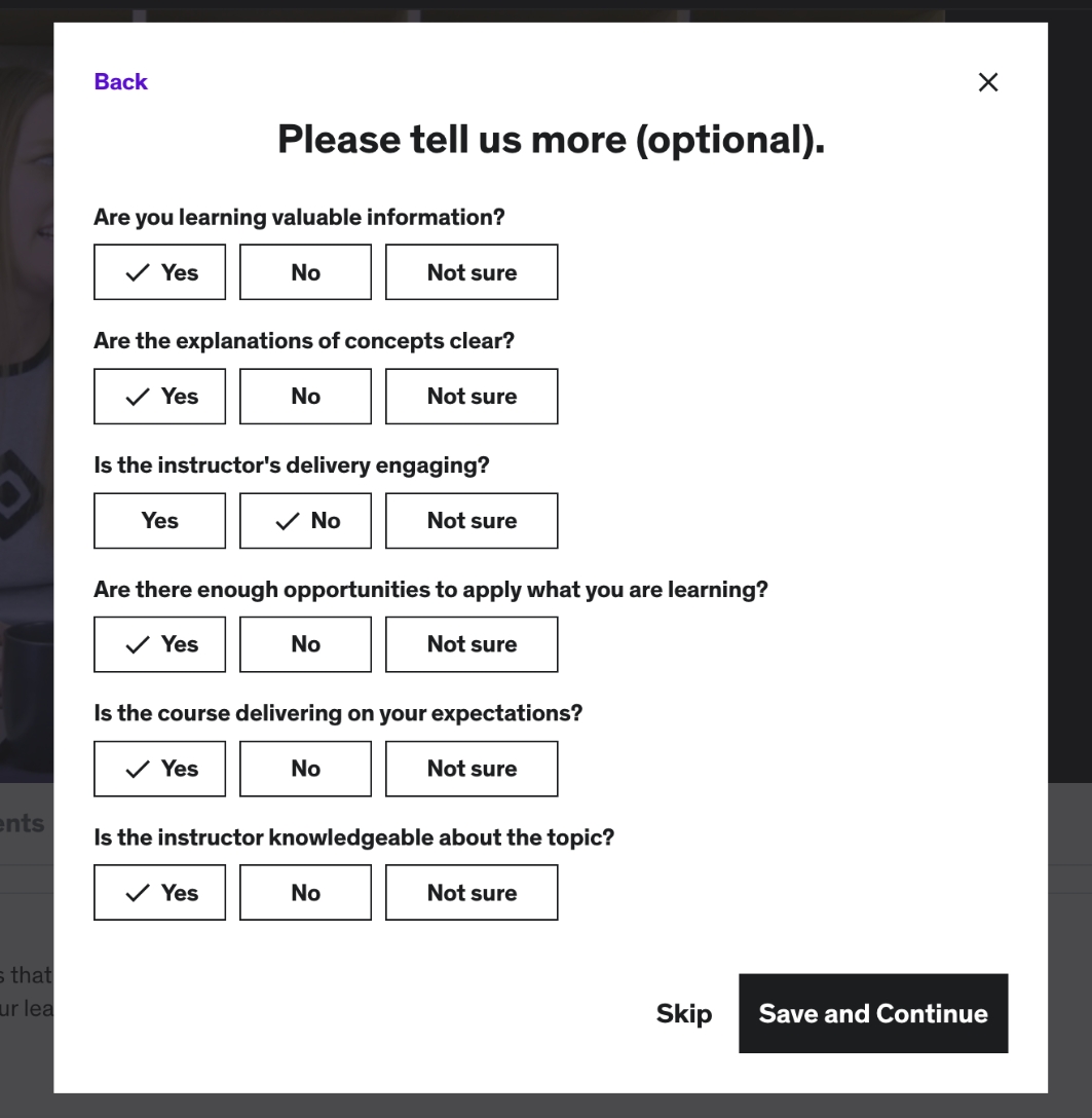 Udemy's rate the course survey questions part two