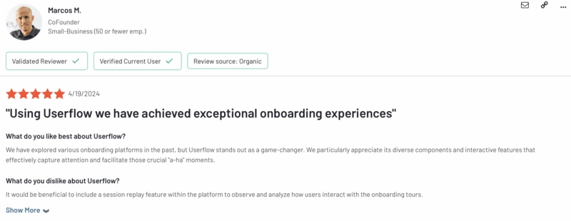 A user on G2 lists Userflow’s intuitive interface as one of the best features
