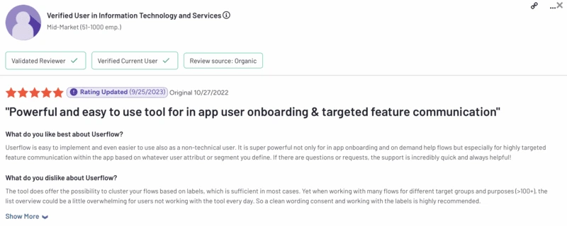 A user review on G2 emphasizing the highly targeted segmentation capabilities of Userflow