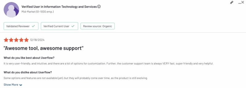 A user review on G2 talks about how effective the customer support team is