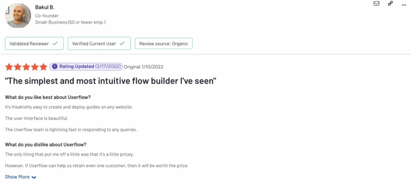A user review on G2 about Userflow’s pricing