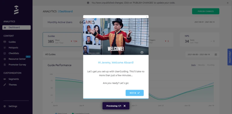 A welcome modal example by UserGuiding