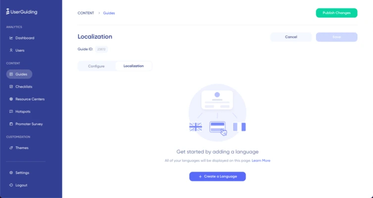 UserGuiding’s localization dashboard