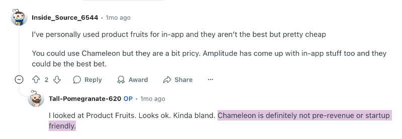 Una entrada en Reddit sobre los precios elevados de Chameleon para empresas sin ingresos y de nueva creación.