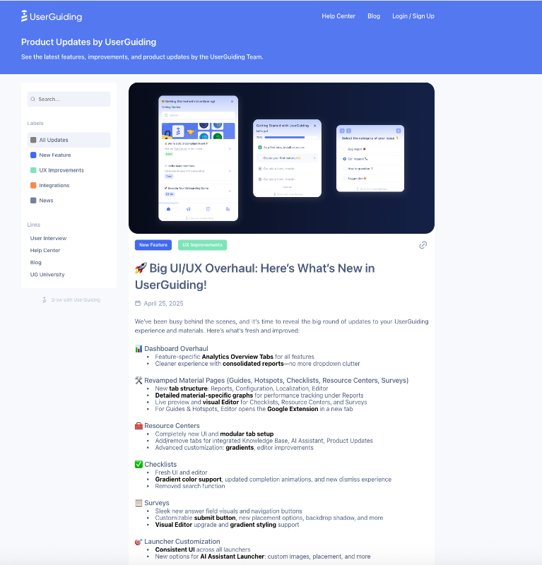 Página de actualizaciones de productos de UserGuiding y ejemplo de nota de publicación sobre mejoras en la experiencia de usuario