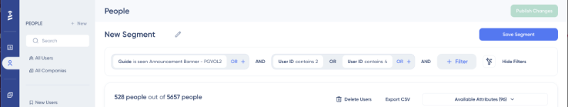 Segmentación de UserGuiding con diferentes filtros y reglas