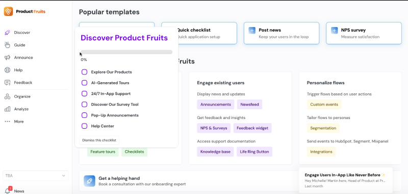 Product Fruits main dashboard and onboarding checklist.