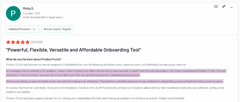 A G2 review on Product Fruits' startup-friendly pricing