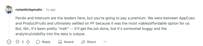 A Reddit comment about Product Fruits. The user finds Product Fruits affordable but is not really impressed with the platform’s mediocre capabilities, especially the analytics.