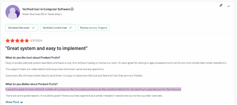 G2 review about the pros and cons of Product Fruits. The customer isn’t happy with the lack of surveys in the Core plan.