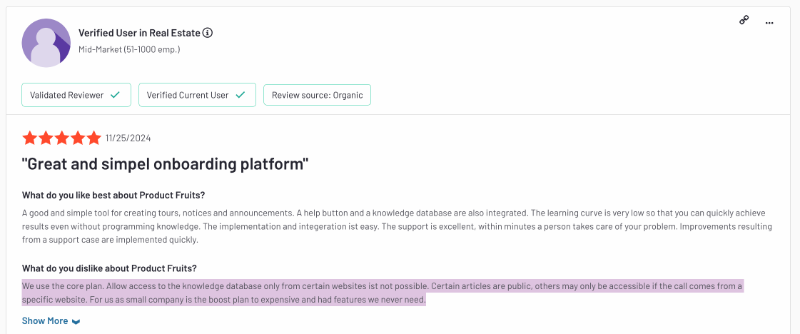 G2 review about the pros and cons of Product Fruits. The customer needs a password-protected knowledge base, but doesn’t want to upgrade to the Boost plan just for this feature.