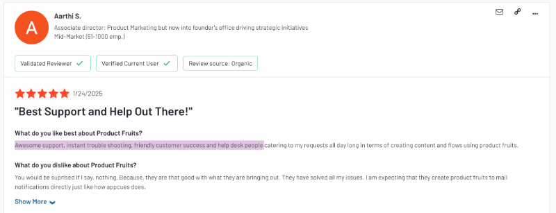 G2 review about the pros and cons of Product Fruits. The customer appreciates how fast and friendly the customer success and support teams are.