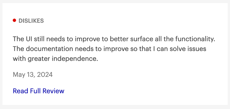 Gartner review about the cons of Product Fruits. The customer is not satisfied with the product documentation and state that they cannot solve their problems with the self-serve support material solely.
