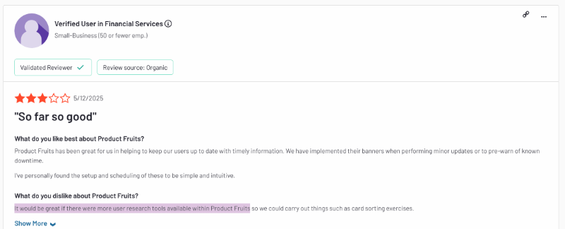 G2 review about the pros and cons of Product Fruits. The customer is upset about the lacking features, especially for user research use case.