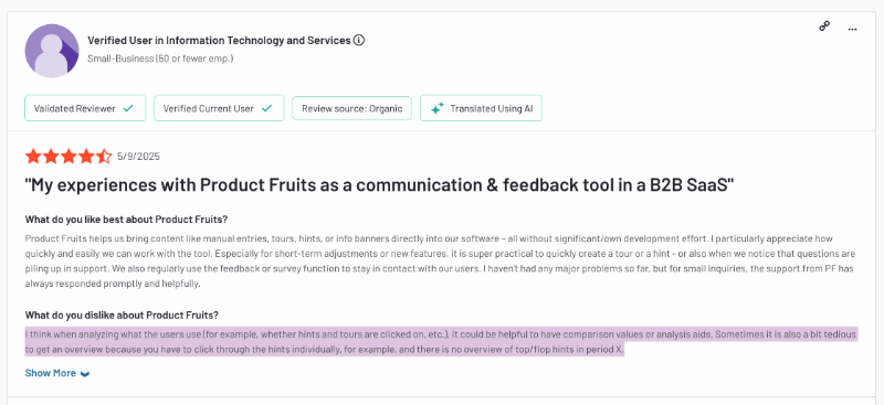 G2 review about the pros and cons of Product Fruits. The customer finds the product analytics and reporting feature tedious as they cannot generate an overview that compares the top and worst-performing materials.