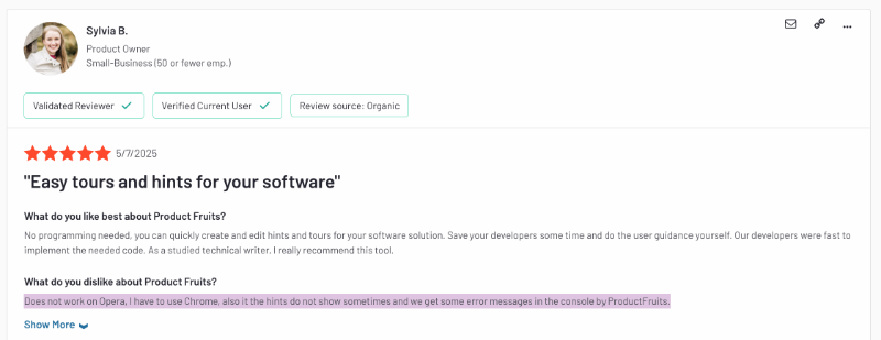 G2 review about the pros and cons of Product Fruits. The customer states that they couldn’t use the platform with Opera and had to change to Chrome.