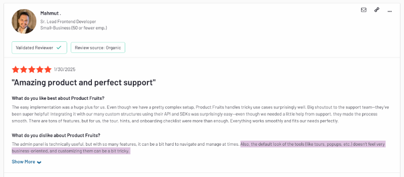 G2 review about the pros and cons of Product Fruits. The customer doesn’t like the default look of the materials.