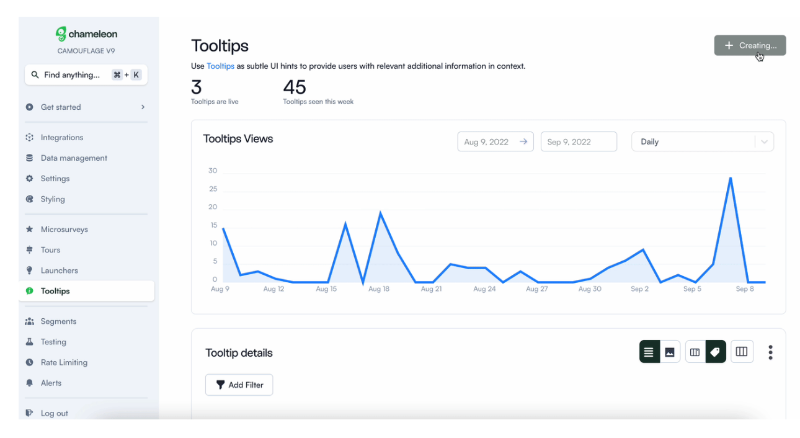 Chameleon tooltip feature page and engagement dashboard.
