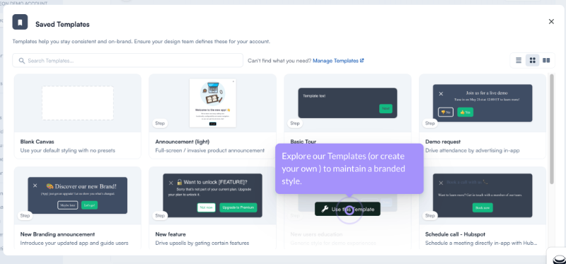 Chameleon announcement modal template gallery.