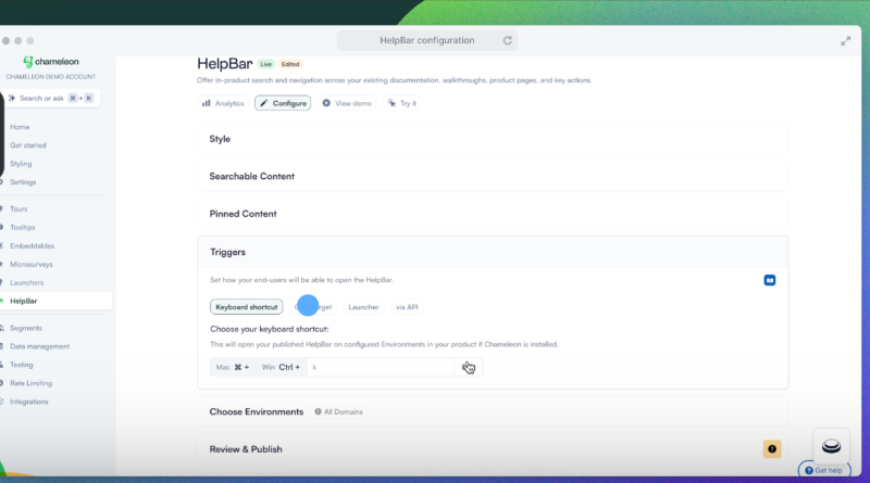 Chameleon HelpBar feature page and CMD+K search builder.